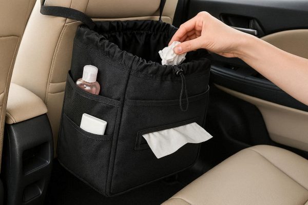 20 Large Capacity Car Garbage Pouch with Drawstring Closure and Storage Pockets for Tissues and Small Essentials for Family Travel