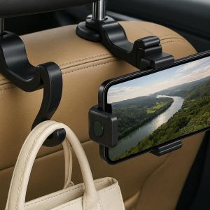 2 In 1 Car Headrest Hook with Integrated Phone Holder and Adjustable Lock Design for Backseat Entertainment and Bag Storage
