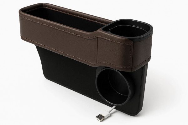 Premium Leather Car Seat Gap Filler Organizer with Cup Holder and Charging Cable Hole for Universal Vehicle Interior Storage