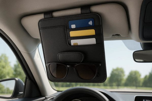 12 Magnetic Car Sun Visor Organizer with Sunglasses Holder and Card Slots for Small Essentials Access in Modern Vehicle Cabin