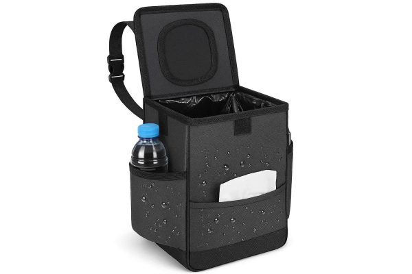 13 Waterproof Car Trash Can with Lid and Side Storage Pockets Leakproof Hanging Garbage Bin for Backseat and Center Console