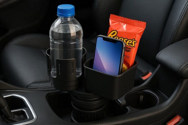 15 Expandable Car Cup Holder Expander with Storage Box and Adjustable Base for Large Bottles and Extra Snacks or Phone
