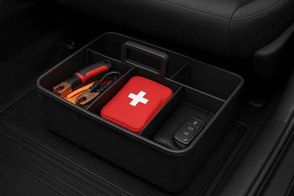 16 Portable Under Seat Car Storage Box with Handle and Divided Compartments for Emergency Tools First Aid Kit and Valuables