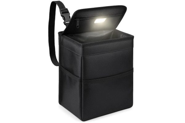 19 Portable Car Trash Bag with Folding Design and Built In LED Light for Night Use Waterproof Hanging Garbage Bin Black