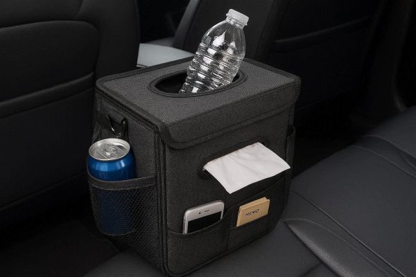 24 Multi Functional Car Trash Bin with Tissue Box Holder and Dual Side Pockets for Complete Cabin Organization and Waste Control