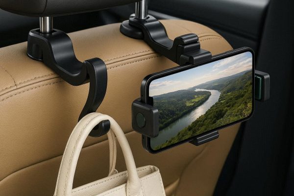 27 2 In 1 Car Headrest Hook with Integrated Phone Holder and Adjustable Lock Design for Backseat Entertainment and Bag Storage