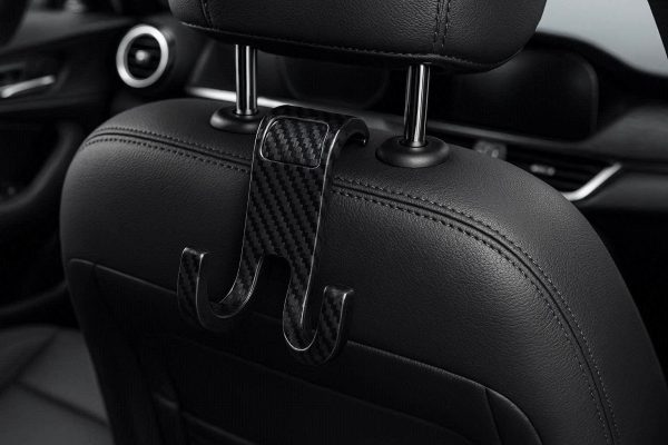 29 Carbon Fiber Texture Car Headrest Hook with Double Hook Design for Increased Storage Capacity and Modern Sporty Vehicle Decor