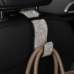 Bling Rhinestone Car Headrest Hook Decorative Sparkly Back Seat Hanger for Handbags and Purses for Glamorous Car Interior Style