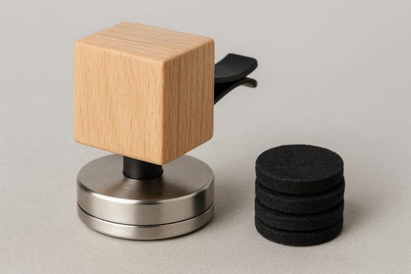 8 Clip On Natural Wood Car Diffuser with Stainless Steel Base and Unscented Felt Pads for Personalized Essential Oil Aromatherapy Experience